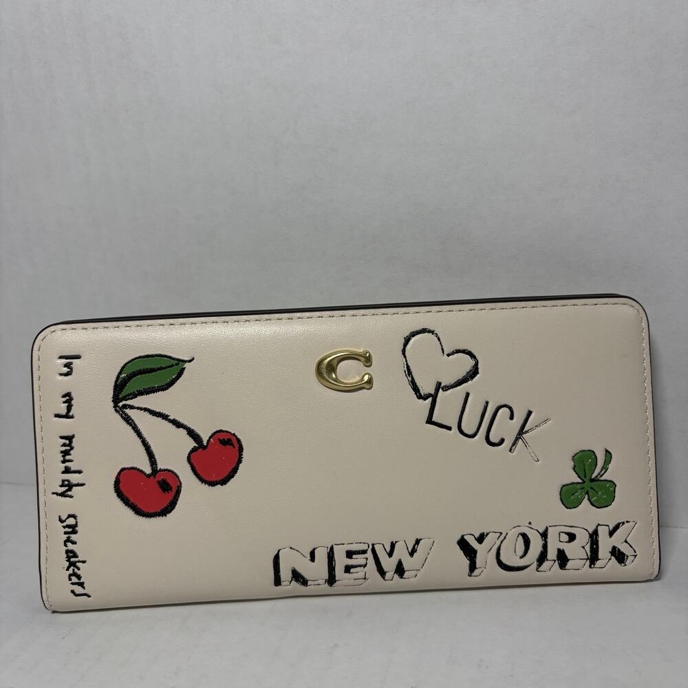 Coach Chalk Doodles & Dino ESSENTIAL SKETCH PRINT SLIM WALLET Outside Zip Pocket